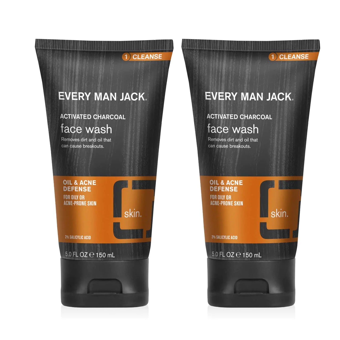 Every Man Jack Charcoal Face Wash for Men – 2-Pack Acne & Oil Defense Cleanser with Salicylic Acid & Coconut Oil