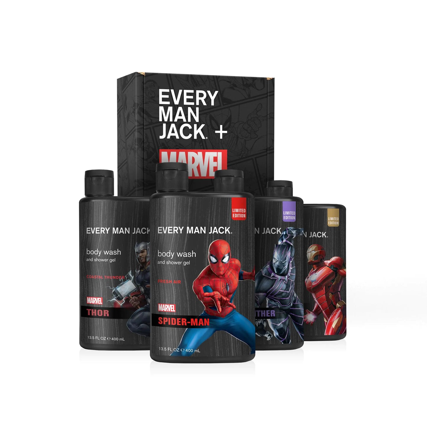 Every Man Jack Marvel Body Wash Gift Set – 4 Clean-Ingredient Scents Inspired by Spider-Man, Thor, Iron Man & Black Panther