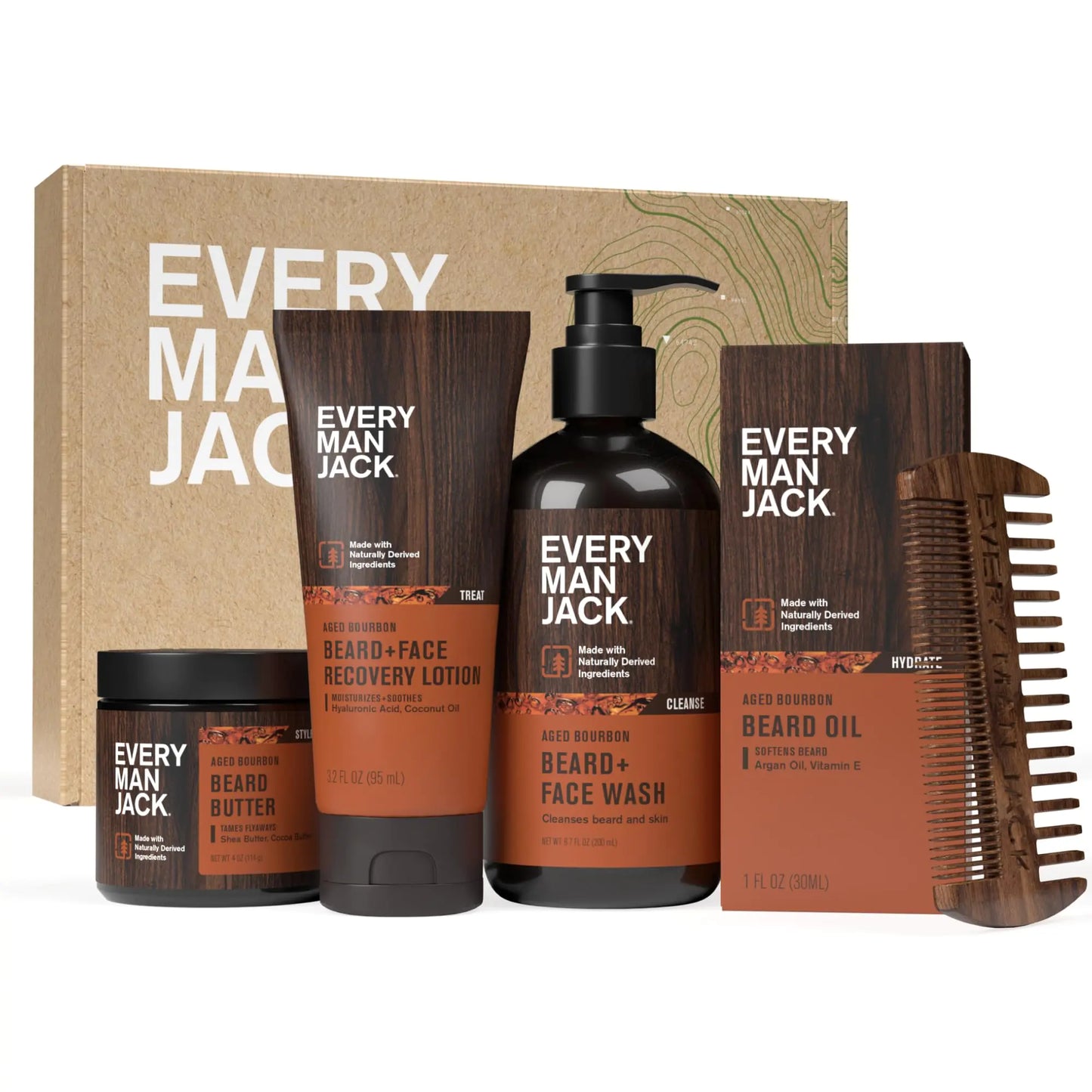 Every Man Jack Beard Kit for Men – Aged Bourbon Scent, 5-Piece Grooming Set with Beard + Face Wash, Beard Oil, Beard Butter, Beard + Face Lotion & Comb