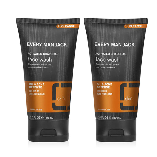 Every Man Jack Charcoal Face Wash for Men – 2-Pack Acne & Oil Defense Cleanser with Salicylic Acid & Coconut Oil